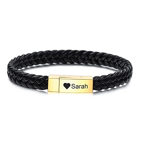 MunkiMix Benutzerdefiniert Armbänder Echtes Leder Geflochtener Edelstahl Magnetverschluss Gravur Armreif für Paare Freund Geschenke für Sie und Ihn (Goldverschluss Schwarzer Gürtel)