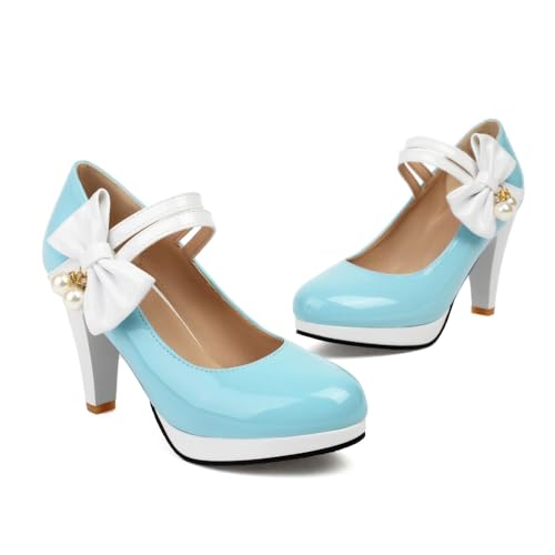Women's Bow Chunky High Heel Mary Janes Ankle Strap Block Pumps Round Toe with Hook Loop2