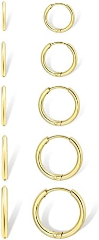 Small Gold Hoop Earrings for Women Set: 5 Pairs Lightweight 14K Gold Minimalist Huggie Hoop Earrings Cartilage Hoop Earring Helix Earring Tiny Gold Hoops for Women Men Girls 1.6MM Thickness Hypoallergenic Earring Sets for Multiple Piercing (14K Gold - 5 Pairs(6mm, 7mm, 8mm, 9mm, 10mm))