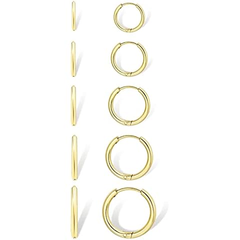Small Gold Hoop Earrings for Women Set: 5 Pairs Lightweight 14K Gold Minimalist Huggie Hoop Earrings Cartilage Hoop Earring Helix Earring Tiny Gold Hoops for Women Men 1.6MM Thickness Hypoallergenic Earring Sets for Multiple Piercing (14K Gold - 5 Pairs(6mm, 7mm, 8mm, 9mm, 10mm)) Cover
