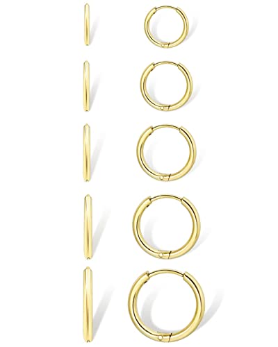 Small Gold Hoop Earrings For Women Set: 5 Pairs Lightweight 14K Gold Minimalist Huggie Hoop Earrings Cartilage Hoop Earring Helix Earring Tiny Gold Hoops For Women Men Girls 1.6Mm Thickness Hypoallergenic Earring Sets For Multiple Piercing (14K Gold - 5 Pairs(6Mm, 7Mm, 8Mm, 9Mm, 10Mm)) #TOP23