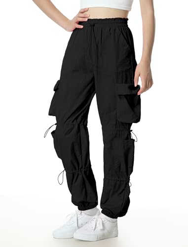 Image of EXARUS Girls Parachute Pants Cargo Hip Hop Wide Leg Baggy Y2K Teen | Tween Casual School Dance Streetwear with Pockets Elastic Waist Youth Junior Kids Bottoms Hiking 8-14Y