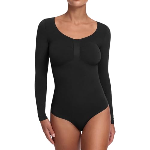 creamy fabrics Damen Figurformender Shapewear Bodysuit mit String Longsleeve Body für unsichtbaren Sitz Starke Kompression Bauch & Taille Nahtlos mit Po-Lifting Effekt