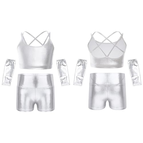 YiZYiF Girls Shiny Metallic Dancewear Set Sparkle Crop Top Shorts Gloves Set Jazz Dance Ballet Gymnastics Tracksuit3
