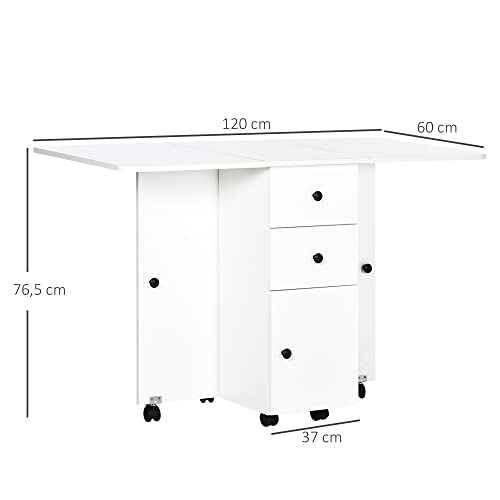 HOMCOM Mesa Plegable de Comedor, Mesa de Cocina Plegable, con Ruedas, Alas Abatibles, 2 Cajones, Estante y Armario, hasta 6 Personas, para Salón, Espacio Pequeño, 120x60x76,5 cm, Blanco - imagen 3