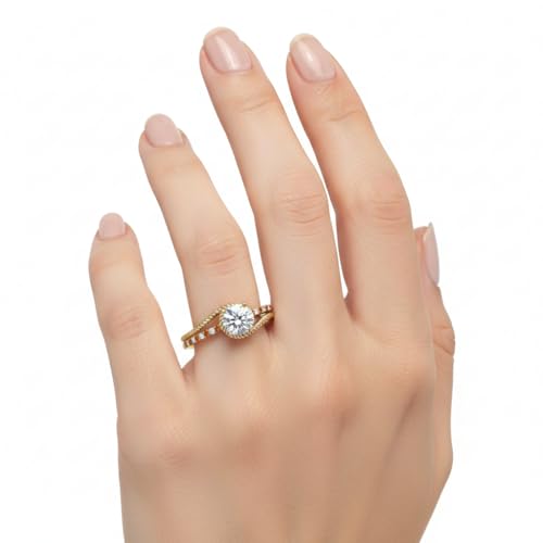 Image of Choose Your Gemstone Rope Split Shank Diamond CZ Ring Yellow Gold Plated Round Shape Split Shank Engagement Ring Minimal Modern Design Birthday Gift Wedding Gift US Size 4 to 12