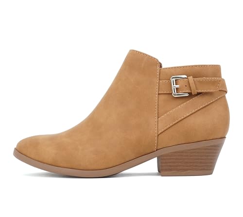 Soda CHOYA Women's Round Toe Faux Suede Stacked Heel Western Ankle Bootie (Tan Nbpu, us_footwear_size_system, adult, women, numeric, wide, numeric_7)