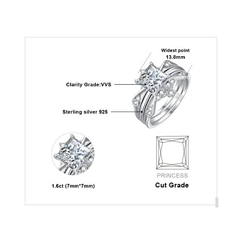 JewelryPalace Vintage Princess Cut 2ct Cubic Zirconia Solitaire Engagement Ring for Women, Classic 14K White Gold 925 Sterling Silver Promise Ring for her, Crown Enhancer Wedding Band Ring Bridal Sets2