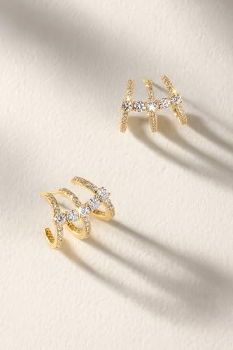 Triple Hoop Illusion Stud Earring for Women – 14K Gold Unique Diamond Huggie Stud Earrings for One Piercing – Faux Multi Hoops Design, Hypoallergenic Fashion Jewelry Earrings2