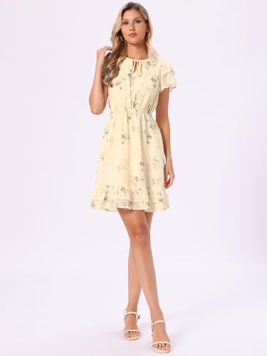 Image of Allegra K Women's Ruffle Sleeve Self-Tie V Neck Flowy Ruffled A-Line Floral Chiffon Dress