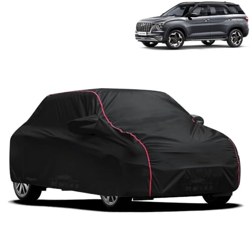 Image of Waterproof Car Cover for Hyundai Alcazar | All-Weather Protection, Dustproof & UV Resistant | Triple Stitched Mirror Pockets, Windproof Buckle Strap with Elastic Hem, Black-Red Piping