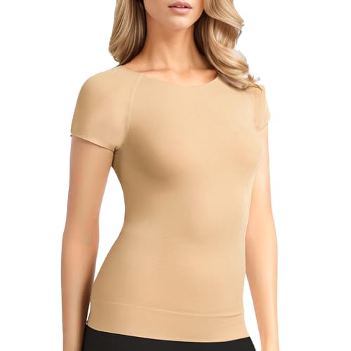 Image of +MD Women's Seamless Short Sleeve Undershirt, Light Compression Scoop Neck Tank Top, Tummy Control Basic Tee Camisole