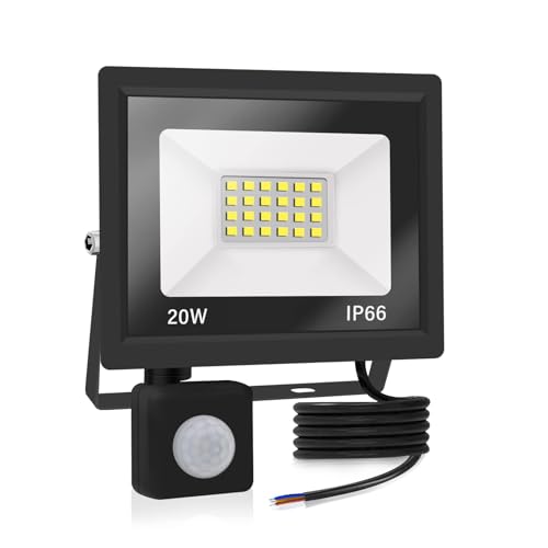 Jefedana Foco LED 20W Con Sensor de Movimiento 2000LM IP66 Impermeable 6000K Blanco Frío Exterior Para Seguridad en Jardín, Garaje, Fábrica