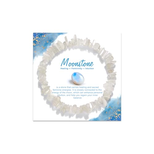 GolbalJew Natural Gemstone Beads Bracelets Healing Crystal Stone Beaded Bracelet for Women Men Handmade Spiritual Jewelry Gifts, 5-8mm Moonstone Chips Beads