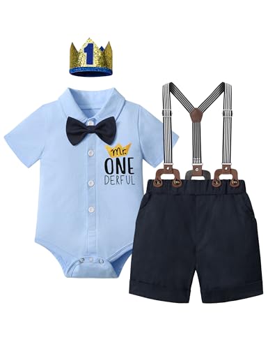 DONWEN Baby Boy First Birthday Outfit Mr Onederful Bowtie Romper + Suspender Shorts+ Party Hat Cake Smash Outfits