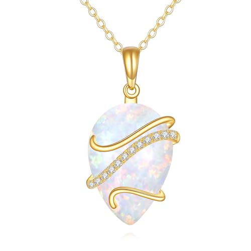 DOVRAN 14k Solid Gold Opal Necklace for Women 14K Gold Teardrop Pendant Neckalce Opal Jewelry Gift for Women (teardrop-white opal)