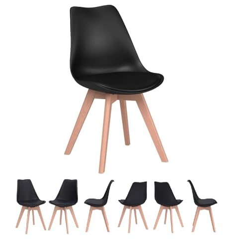 sinlikon Lot de 6 Chaise Scandinave avec Coussin en Mousse Epaisse et Dossier Respirant,Chaises de Salle à Manger avec Pieds en Bois (6, Noir, 80x47x42CM)
