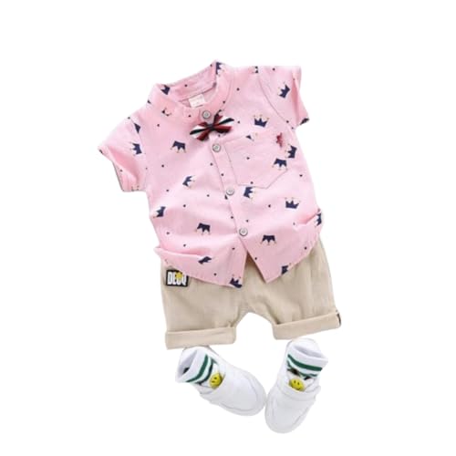 Image of Vikita Enterprise Kid Boy's Hosiery Cotton Blend Printed Cord Set with Mandarin Collar Short Sleeve Shirt and Side Pocket Elastic Waistband Closure Short Pant with Tie