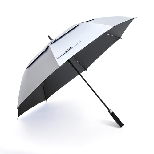 LIDOMPO 68 Inches Uv Protection Golf Umbrella For Sun Protection With Large Windproof Vented Double Canopy, Push-Button Auto Open Black/Silver