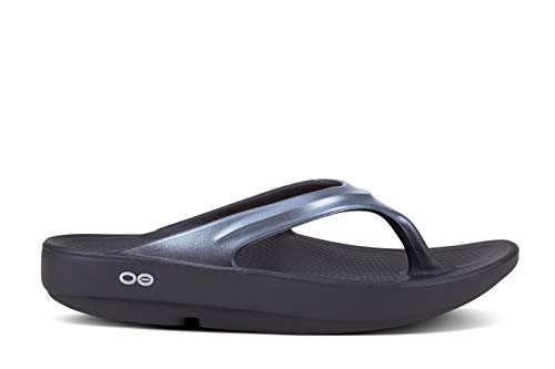 OOFOS Women's Oolala Satin Thong Flip Flop, Black/Graphite, 5 M US