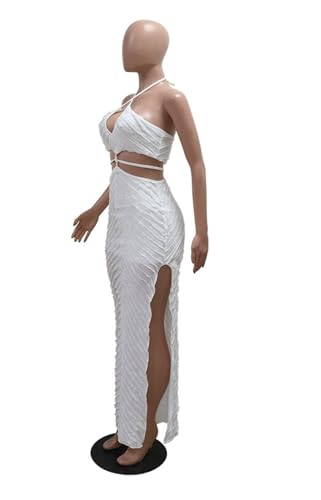 Image of Aro Lora Womens Sexy Halter Neck Criss Cross Pleated Hollow Out Side Slit Bodycon Maxi Dress Medium White