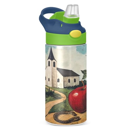 Snack and Apple - Botella de agua para niños de 12 onzas con popote, sin BPA, de acero inoxidable, aislada al vacío, a prueba de fugas, con asa, para niños y niñas