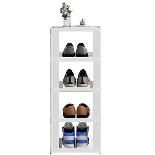 Zapatero blanco que ahorra espacio para la entrada, 23.6 pulgadas, apilable, plástico, compacto, almacenamiento de zapatos para exteriores, para dormitorio, estante elegante y funcional para zapatos