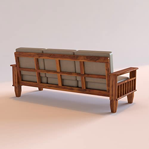 Image of Sheesham Wooden 3 Seater Sofa for Living Room | Rosewood 3 Seater Cushion Sofa with Side Newspaper Holder for Home & Office | Solid Wood Sofa Set for Lounge (-Honey)