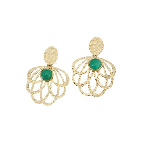 Boucles d'oreilles pendantes feuilles en acier inoxydable doré et agate verte
