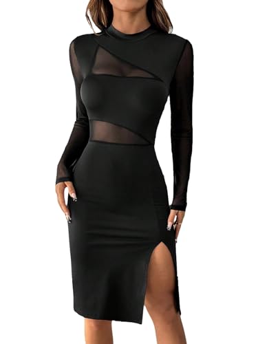 SweatyRocks Langarm Kleid Damen Elegant Festlich Herbstkleid Mesh Kleid Mit Schlitz Partykleid Abendkleid Cut Out Cocktailkleid Midikleid Schwarz M