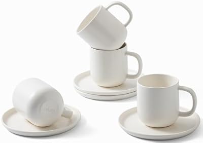 MIUFA Set of 4 Espresso Cups And Saucers In Stronger Porcelain 3.5oz,Mini Coffee Mugs Demitasse Cups
