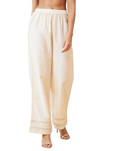 Image of Globus Women Straight Mid Rise Off White Solid Palazzos, 28