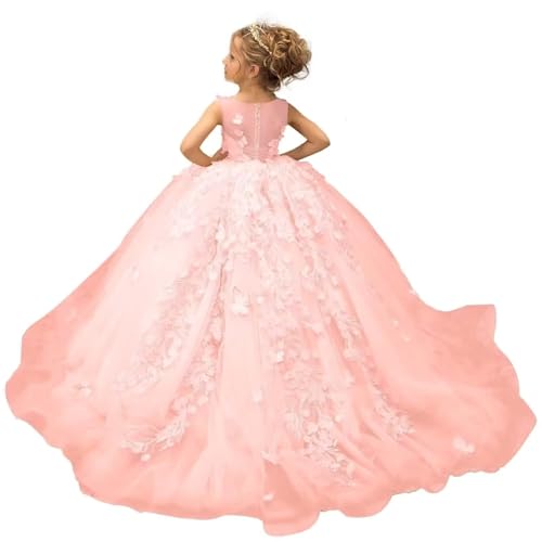 Flower Girl Dresses for Wedding Lace Applique Pageant Princess Dress for Girls 3D Butterfly Tulle Girls Dress3