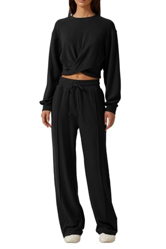 QINSEN Women 2 Piece Outfits Sweatsuit Set Twist Front Cropped Sweatshirt Wide Leg Sweatpant Lounge Set Tracksuit