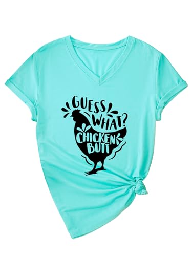 ZOTUJU Womens Summer Tops Funny Shirts Guess What Chicken Butt T Shirts Humorous Tees Novelty Outfits Graphic Blouses Water Blue
