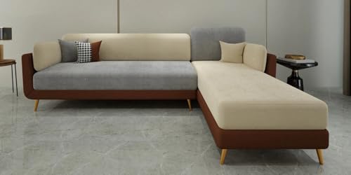 Image of Polyester Velvet Contemperory Sofa Set with Cushion Chaise Lounge, Sectional Sofa Perfect for Your Living Room,Guests Room & Office. (Brown & Beige, 5 Seater)