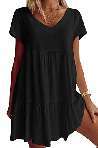 Image of Fangetey Women's V-Neck Tunic Dresses Short Sleeve Button Down Loose Casual Summer Short Flowy Swing Dress