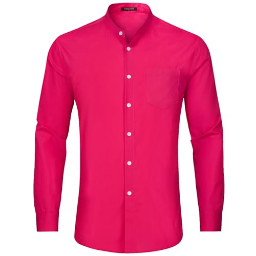 HISDERN Camisa Hombre Manga Larga Magenta con Sin Cuello Moderna y Elegante Estilo Versátil Casual y Formal Tallas Grandes 4XL