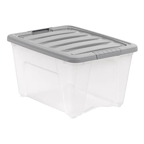 Amazon Basics Plastic Storage Containers with Secure Latching Lids, Stackable Organization Bins, Clear/Grey, 32 Quart, Set of 6 view 3