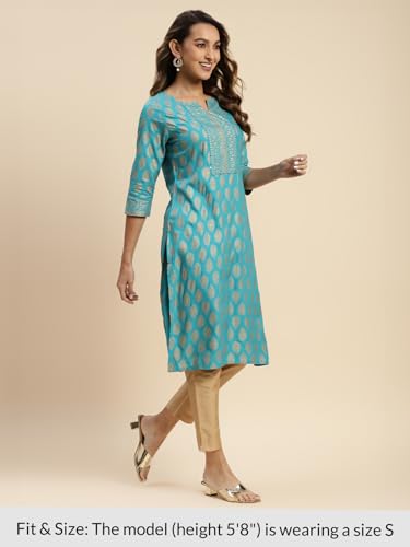 Image of rangita Women Rayon Regular Fit Turquoise Knee Length Printed Straight Kurti | Kurta