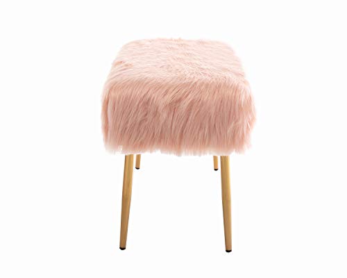 Kmax Fur Entryway Bench, Pink Shaggy Furry Cute Makeup Bench Seat for Girls, Modern Long Bench with Gold Metal Legs for Bedroom Living Vanity Room
