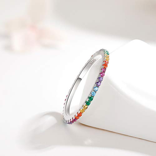 925 Sterling Silver Colorful Ring, Colorful CZ Simulated Diamond Band Ring for Anniversary Promise Wedding Engagement, Jewellery Gifts for Women Ladies3