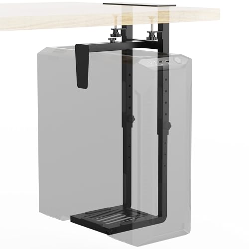 ART-GIFTREE Adjustable Under Desk PC Mount Clamp & Drill CPU Holder 66LBS Capacity with Anti-Fall Baffle & Anti-Slip Pads for Standing Desk Black