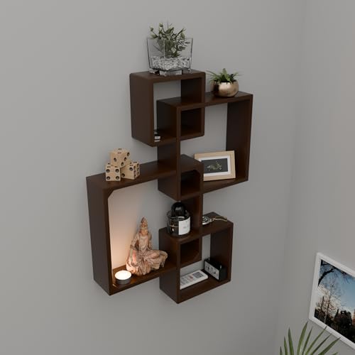 Image of ETIQUETTE ART Engineered Wood Floating Cube Shelves - Intersecting Wall Mounted Box Shelves for Bedrooms, Living Rooms & More - Set of 4 (Brown)