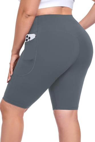 MEJING Plus Size Biker Shorts Pockets Curvy Women Athletic Light Grey