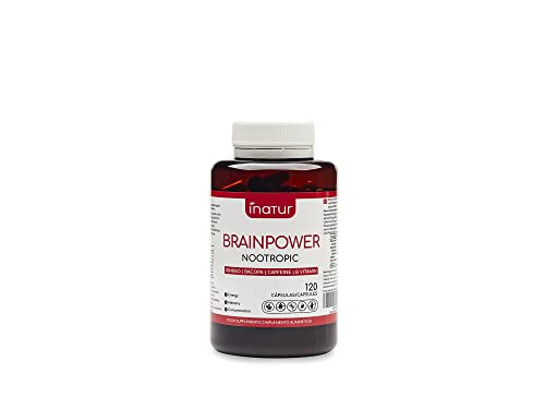 Brainpower -120 cápsulas | Nootropico Natural | Cafeína, Ginkgo, Bacopa, Vitaminas B3 B5 B6 B9 B12 | Vegano | Mejora la memoria, concentración y la energía | Inatur