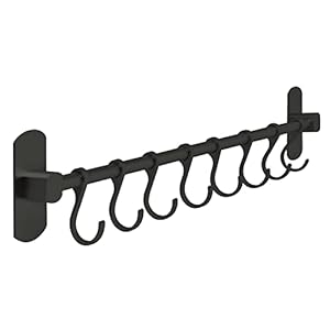 Joeji’s Kitchen Keukengereihouder, zelfklevend, zwart, keukengereihouder, 40 cm, keukenstang met 8 haken, organizer en keukengereihouder of gereedschap voor keuken, badkamer of garage