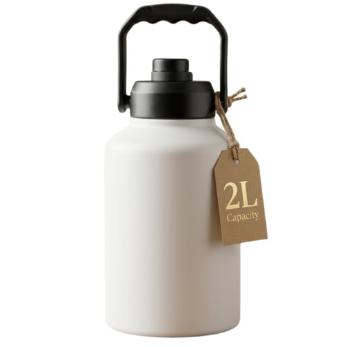 Image of 2 liters Water Bottle Insulated Stainless Steel | Large Sports Thermos 6 Hours Hot & Cold Water | Thermosteel Bottle for Gym, Travel, Office & Outdoor | Anti-Slip Base,Carry Handles, White