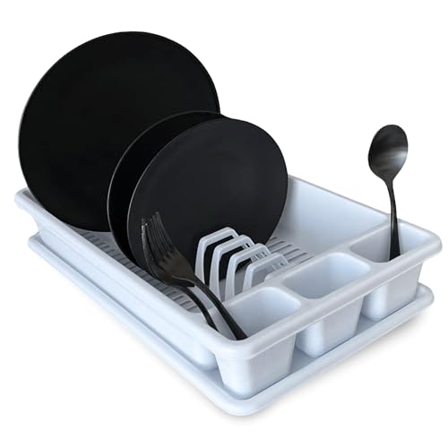 Escurreplato de plastico, Escurridor de Platos, Escurridor Fregadero de 2 módulos, con Bandeja Anti-Goteo, Organizador de vajilla, 45 cm de Ancho x 26.5 cm de Fondo x 9 cm de Altura, Blanco
