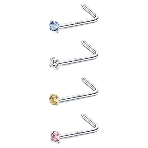 Sllaiss 20G 925 Sterling Silver Nose Rings Studs for Women Men Mix 4Pcs Colour Cubic Zirconia Nose Studs L Shaped Nose Rings Set Small Nose Piercing Jewelry Set 1.5MM Cover